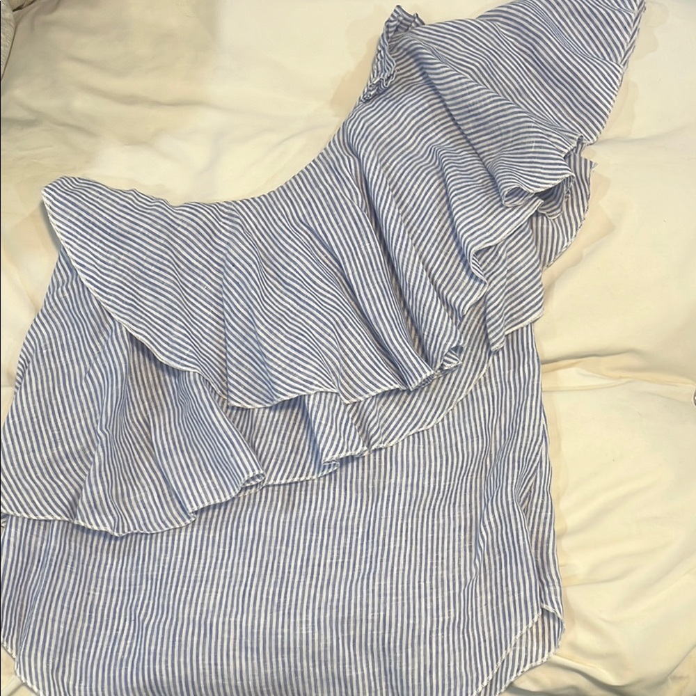Blue and White Striped Ruffle one shoulder top